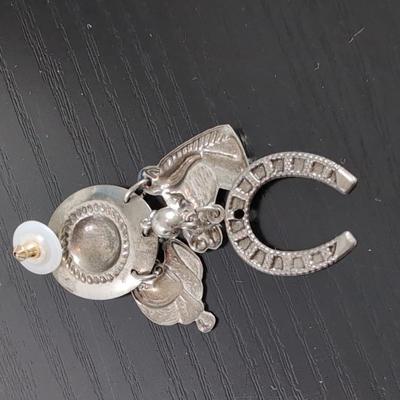 Blue and Silver Western Cowboy Hat Earrings With Charms Horse Earrings Dangling - Picture 6 of 11